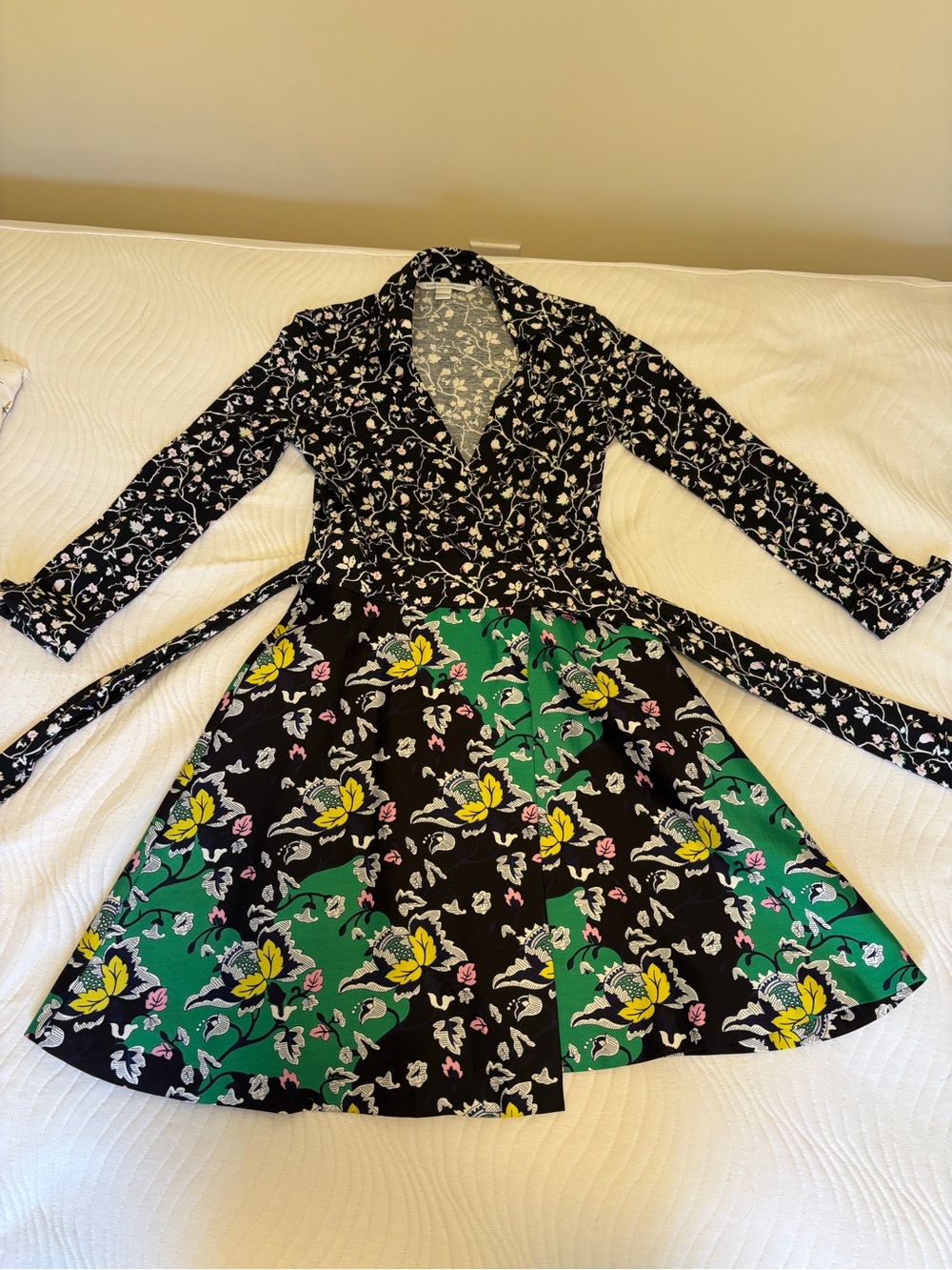 Diane Von Furstenberg Black Floral Wrap Dress with Green & Yellow Accents